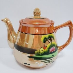 Vintage Hand Painted Japan Teapot Orange Scenic Landscape Cottage Lusterwear
